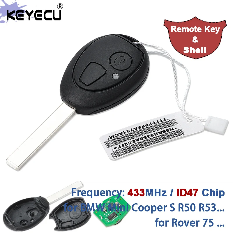 KEYECU 433 MHz ID47 Chip für BMW Mini Cooper S R50 R53 2003–2007 für Rover 75 1998–2005 Kompletter Fernschlüsselanhänger und Gehäuse