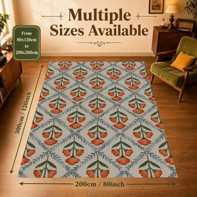 Retro Orange Floral Herringbone Pattern Carpet, Soft Velvet, Living Room, Bedroom, Whole House Decoration