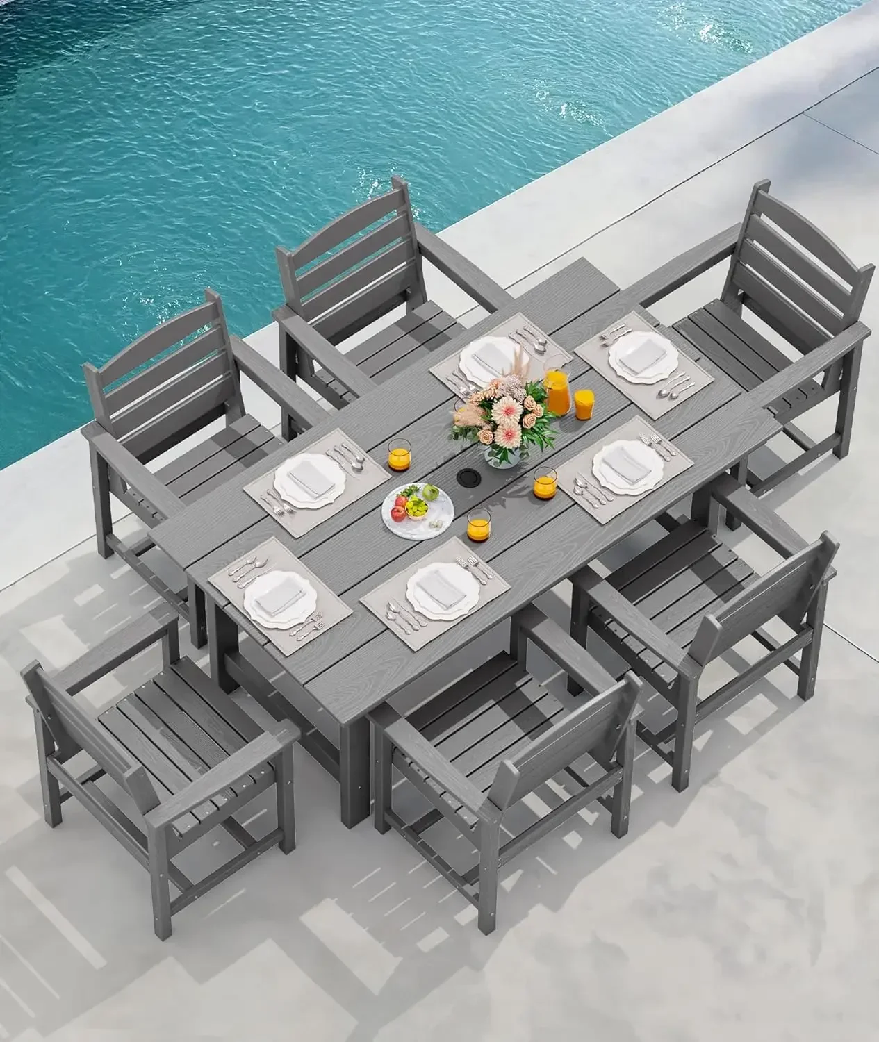 

Outdoor HDPE Dining Table Set, 7-Piece Outdoor Dining Table Sets with Umbrella Hole Cut-out Table and 6 Chairs, Gray