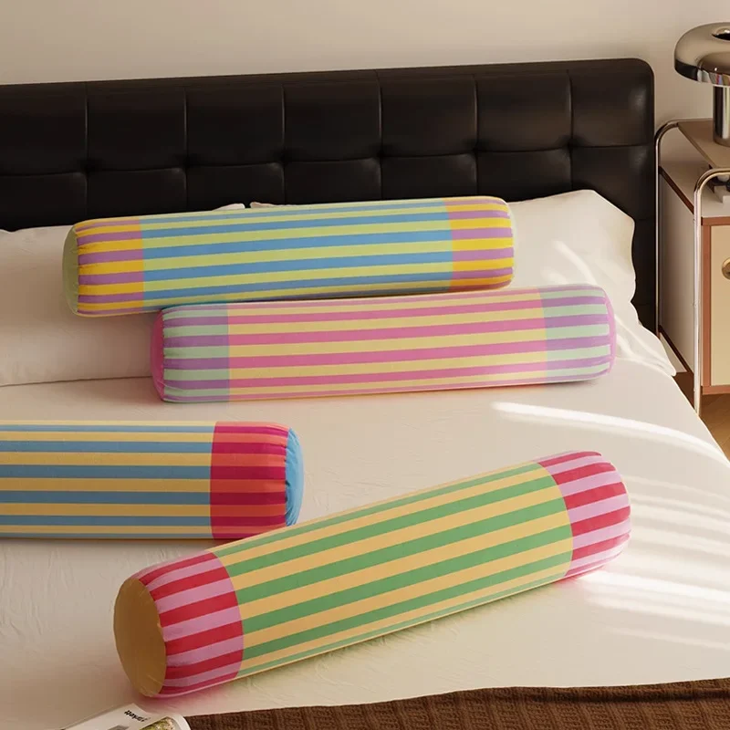 Velvet Candy Pillow Removable And Washable Column Bed Roll Cushions Head Supporter Back Leg Body Rainbow Striped Pillow Cushion