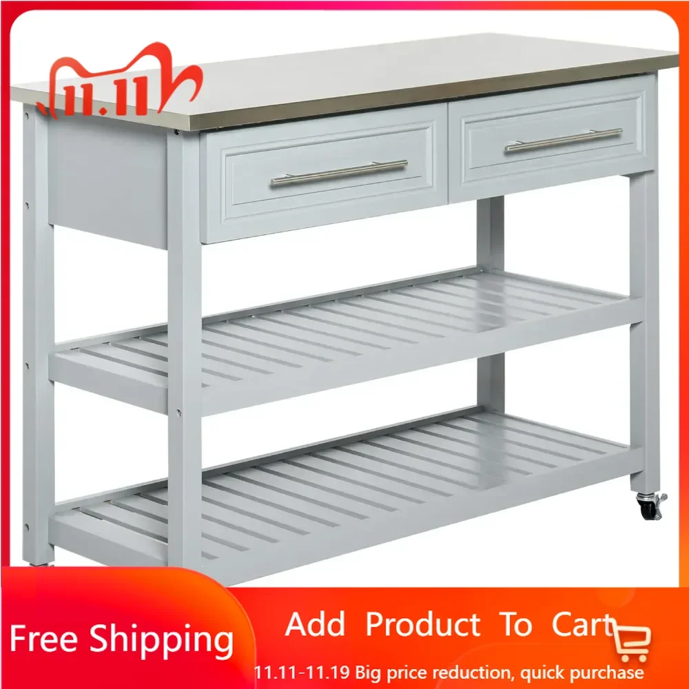 Kitchen Island Rolling Utility Trolley Cart with 2 Drawers Stainless Steel Top