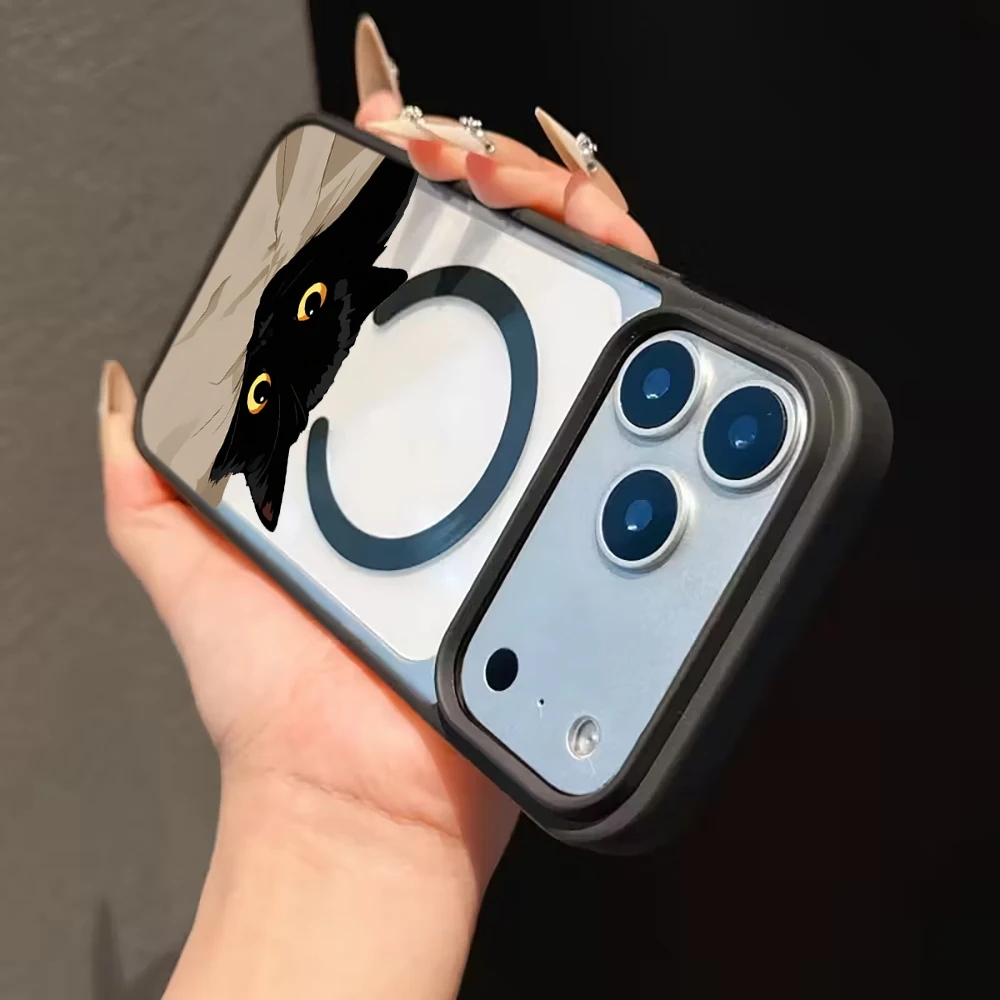 Niedliche Schwarze Katze Ästhetische Transparente Hülle für iPhone 17 16 11 12 15 Pro Max 13 14 Plus Hüllen für Magsafe Kabelloses Laden Drop Cover – Detail 11
