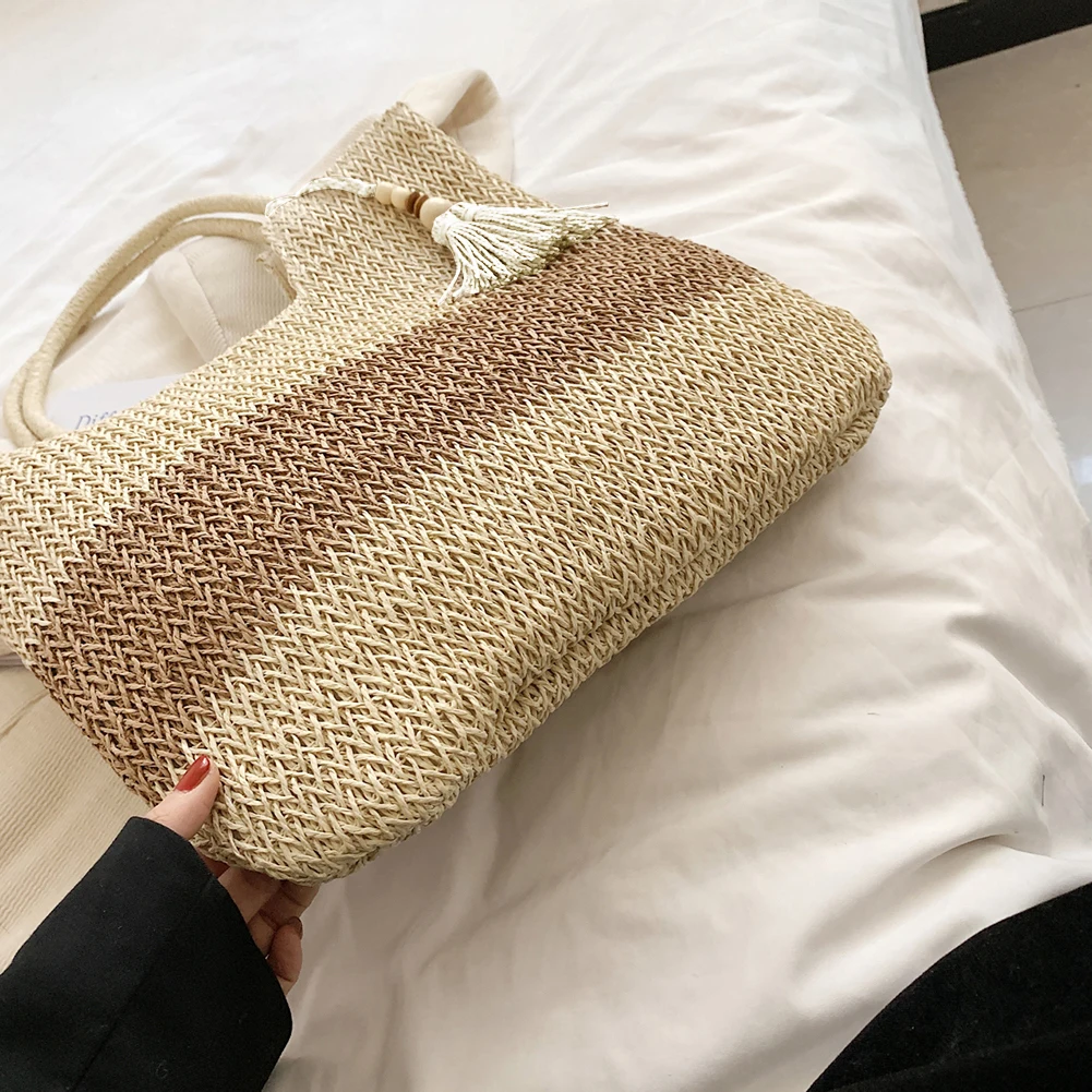 

Summer Hand-Woven Handbags Contrast Color with Tassels Straw Woven Bag Large-Capacity Fashion Casual Simple for Seaside Holiday