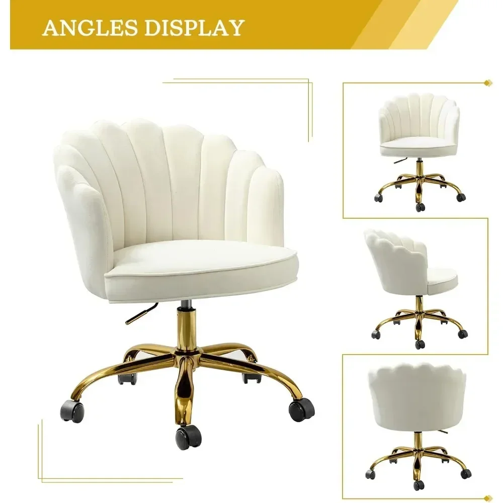 كرسي مكتب منزلي مخملي بقاعدة ذهبية، كرسي مكتب منجد للسيدات حديث لطيف على شكل صدفة من أجل الغرور