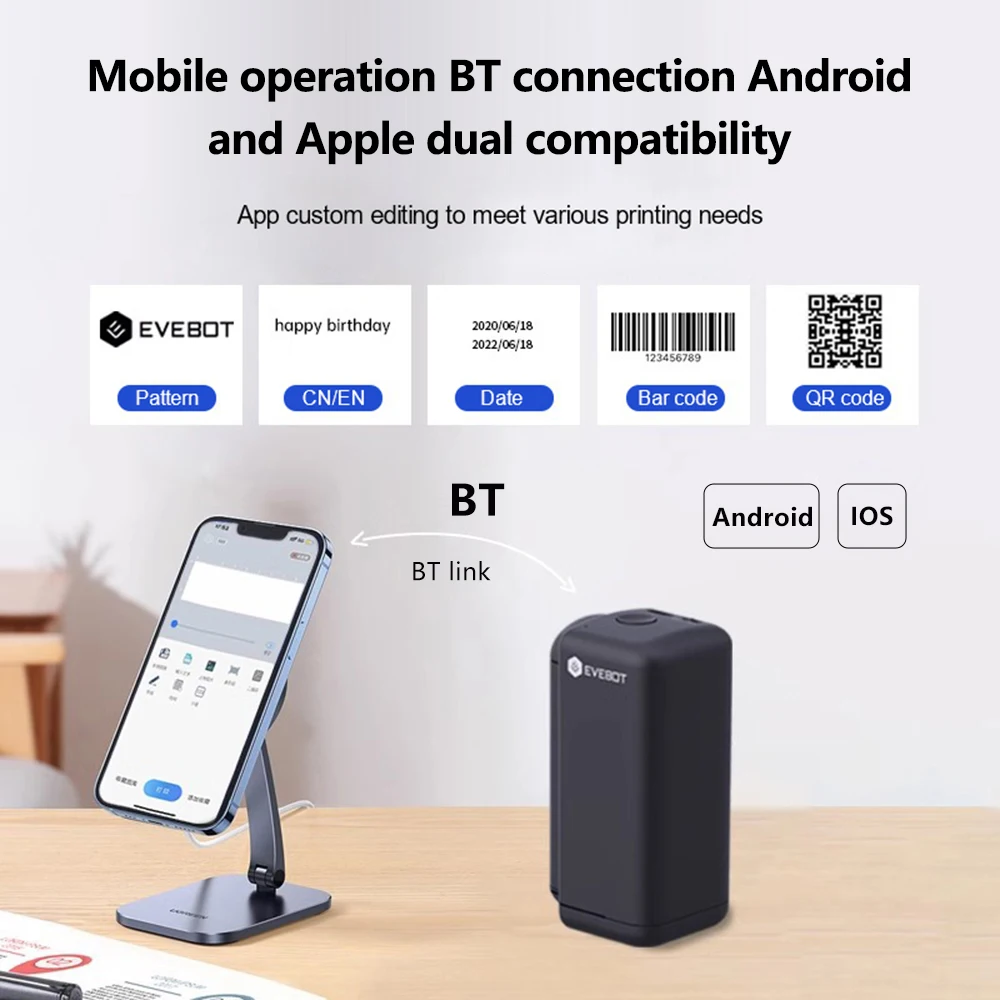 EVEBOT PrintInd Handheld LOGO Printer Mini Portable Inkjet Tattoo Printer with Quick-dry Ink Cartridge BT Function APP Control