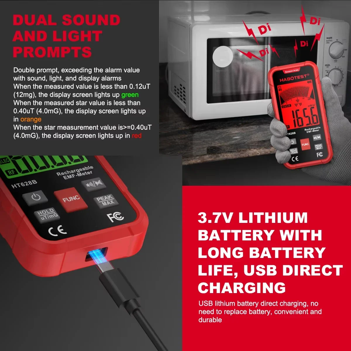 HABOTEST HT628 EMF متر اختبار الإشعاع الكهرومغناطيسي المجال الكهربائي المجال المغناطيسي RF كاشف تردد الراديو الإشعاع #4