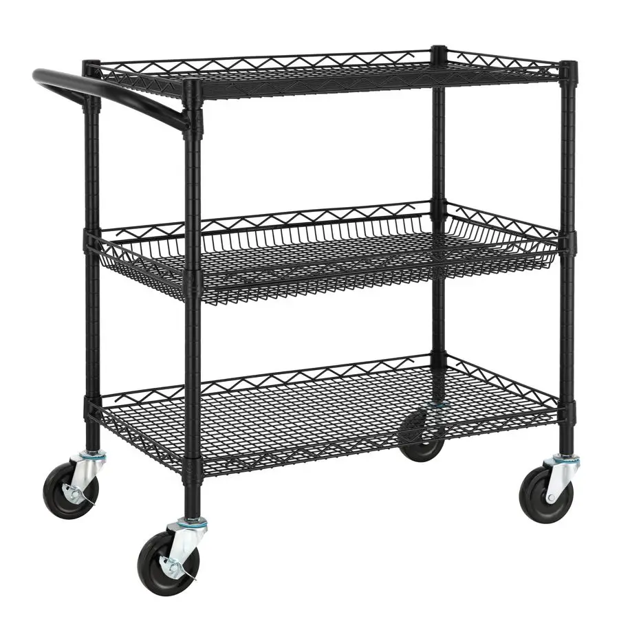 

3 Tier Heavy Duty Commercial Grade Utility Cart, Wire Rolling Metal Trolley with Handle Bar, Steel Kitchen Service Cart with Whe