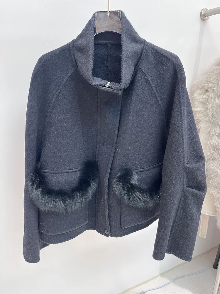 겨울 천연 여우털 칼라 울 재킷 여성용 따뜻한 코트 럭셔리 두꺼운 여성 코트