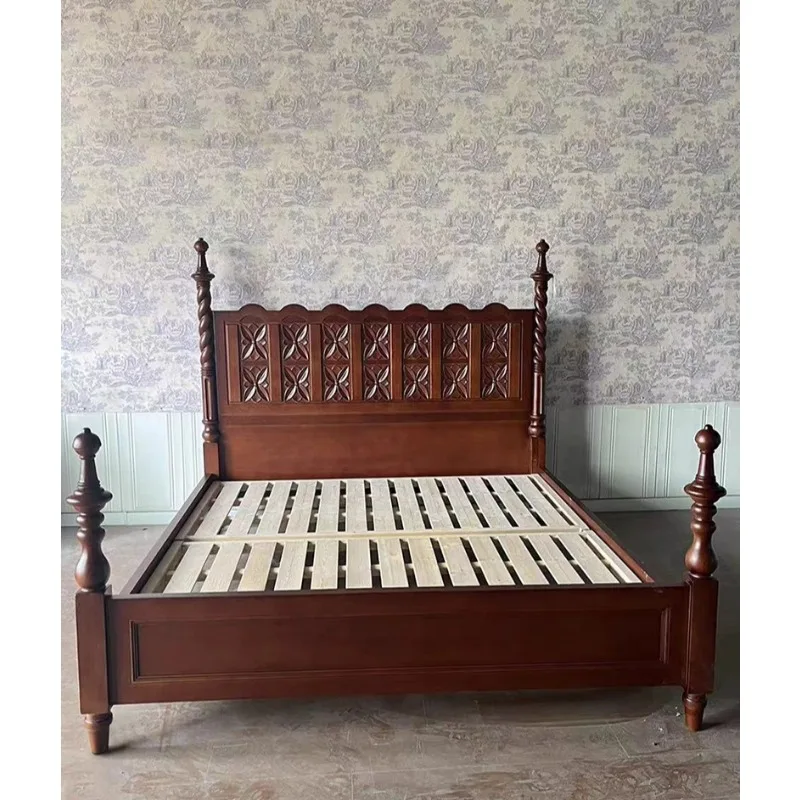 

Solid wood retro French engraved American Roman column double bed medieval princess wedding bed