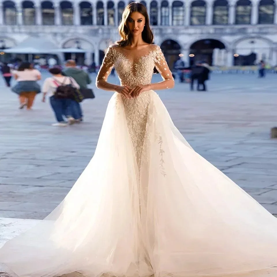 

Wedding Dress Luxury White Long Dress O-Neck Detachable Train Appliques Beaded Illusion Tulle Formal Gown For Bride Women 2024