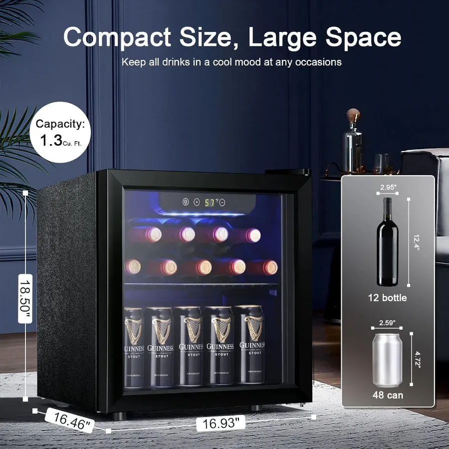 

12 Bottle 48 Can Wine Cooler Cabinet Beverage Refrigerator Mini Fridge with Low Noise and Clear Glass Door for Beer Soda Bar Co
