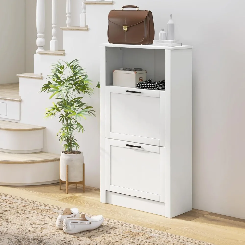 

Shoe Storage Cabinet with 2 Flip Drawers, Adjustable Shelves, and Open Compartment for Entryway Hallway, Holds 10 Pairs of Shoes