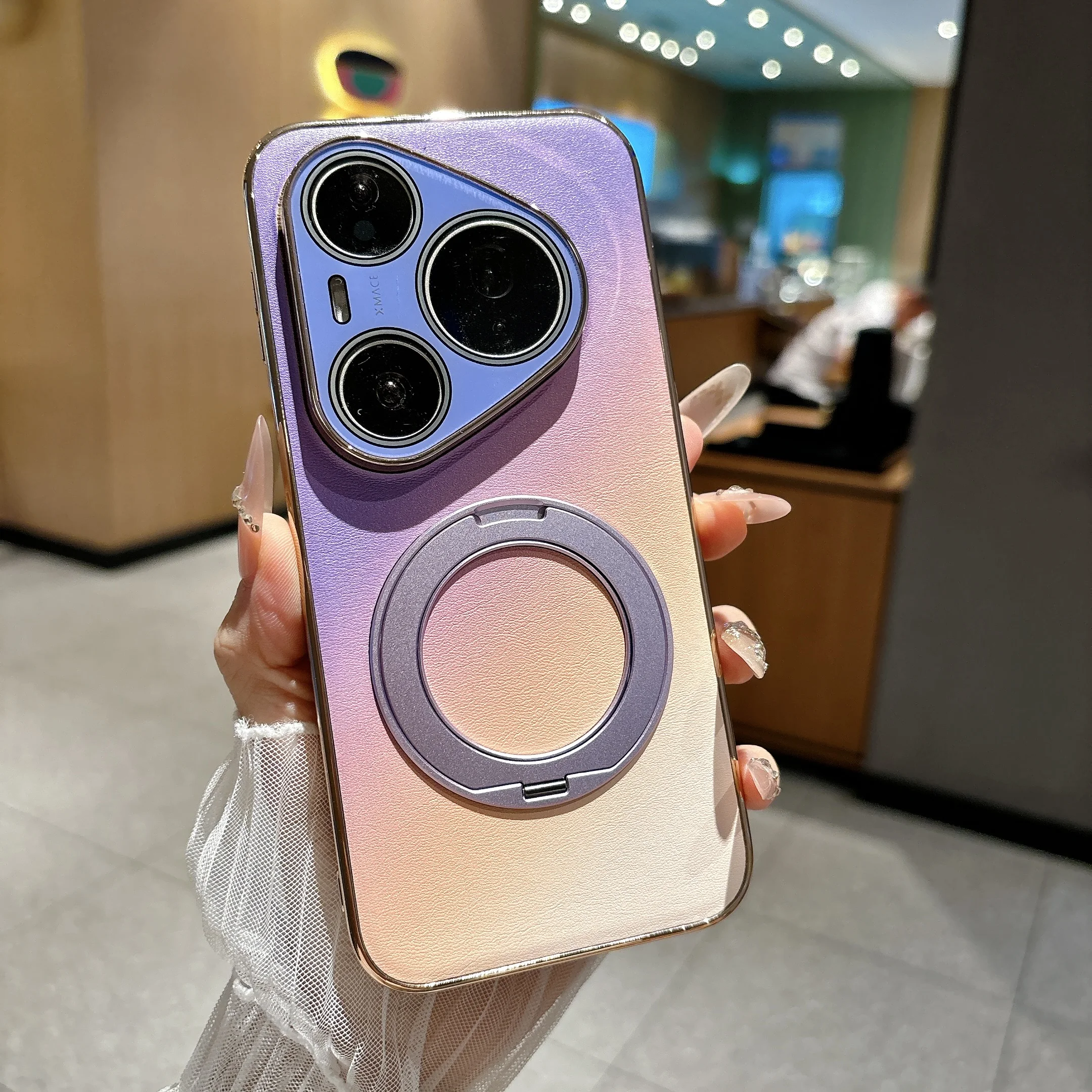 

Leather Gradient Wireless Charging Magnetic Rotate Stand Case For Huawei Pura 90 Pro Max 80Pro, Built-in Camera Protection Cover