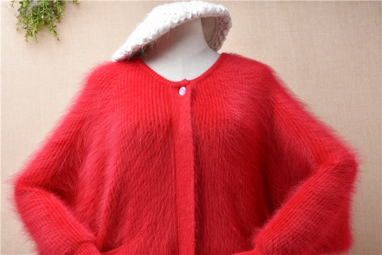 04 Ladies Women Fall Winter Clothing Red Striped Hairy Mink Cashmere Knitted Long batwing Sleeves Cropped Loose Cardigans Mantle