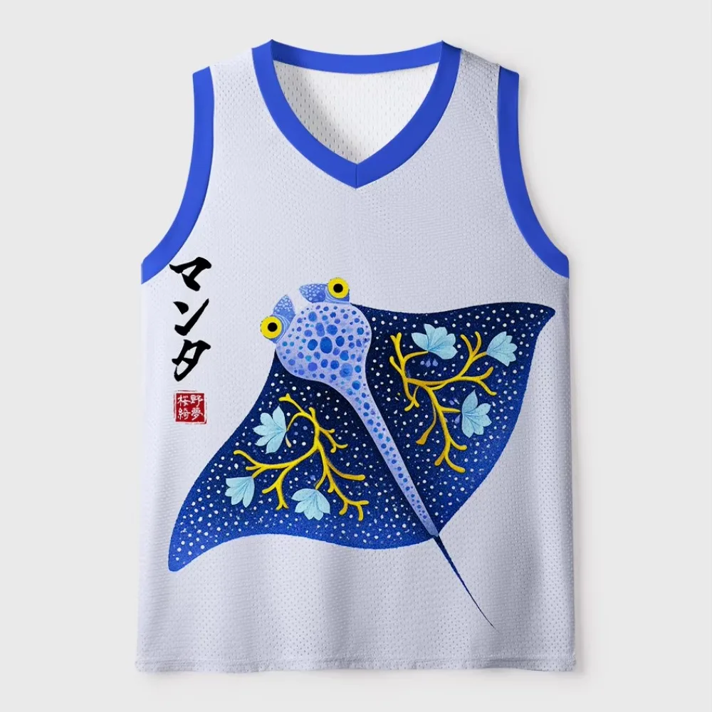Manta Ray Skeleton Pattern 3D Printing Men's V-Neck Vests - Casual Trend Outdoor Sport with Breathable and Quick-Drying Clothing