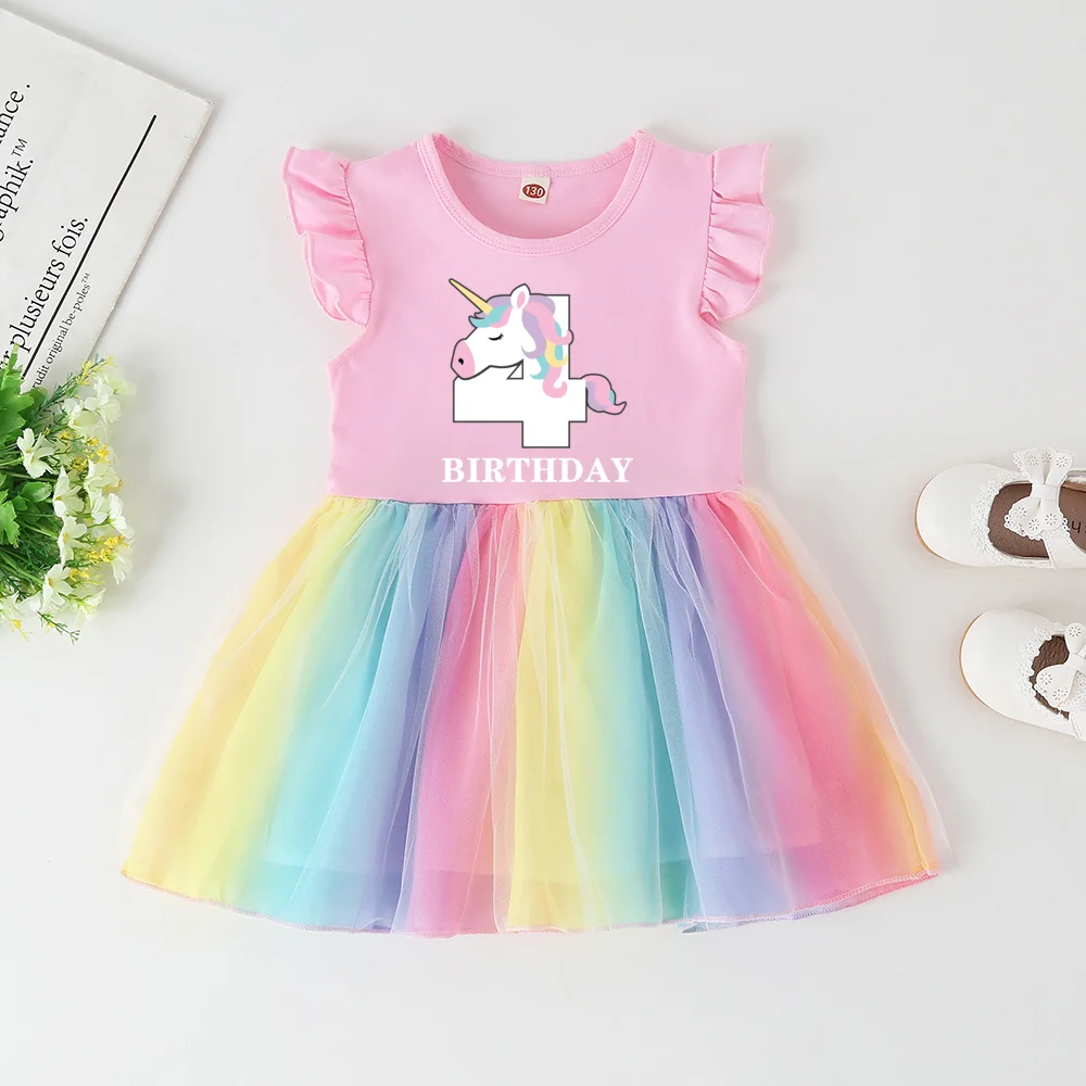 Baby Girls Birthday Clothes Unicorn Print 1 2 3 4 Dresses Girls Birthday Party Outfits Short Sleeve Tutu Dresses Baby Present