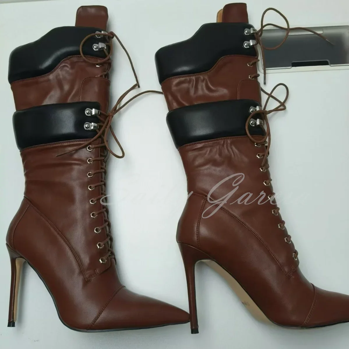 2024 New Crossed Tied Knee High Boots Pointed Toe Gladiator Lace up Double Layered Straps High Heel Boots Sexy Cool Punk Shoes