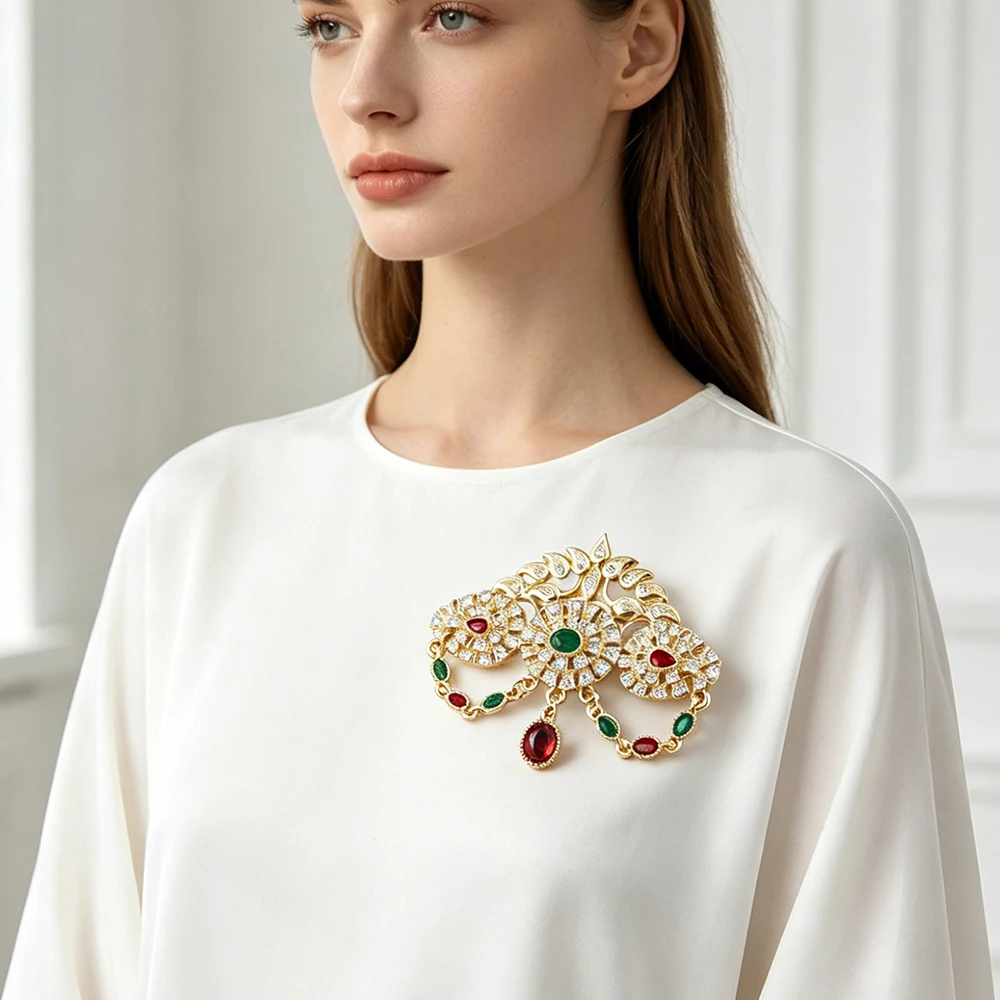 Arabic Style Crystal Tassel Brooch Rhinestone Floral Pin Moroccan Caftan Kaftan Abaya Decor Brooch Women Bridal Ethnic Jewelry