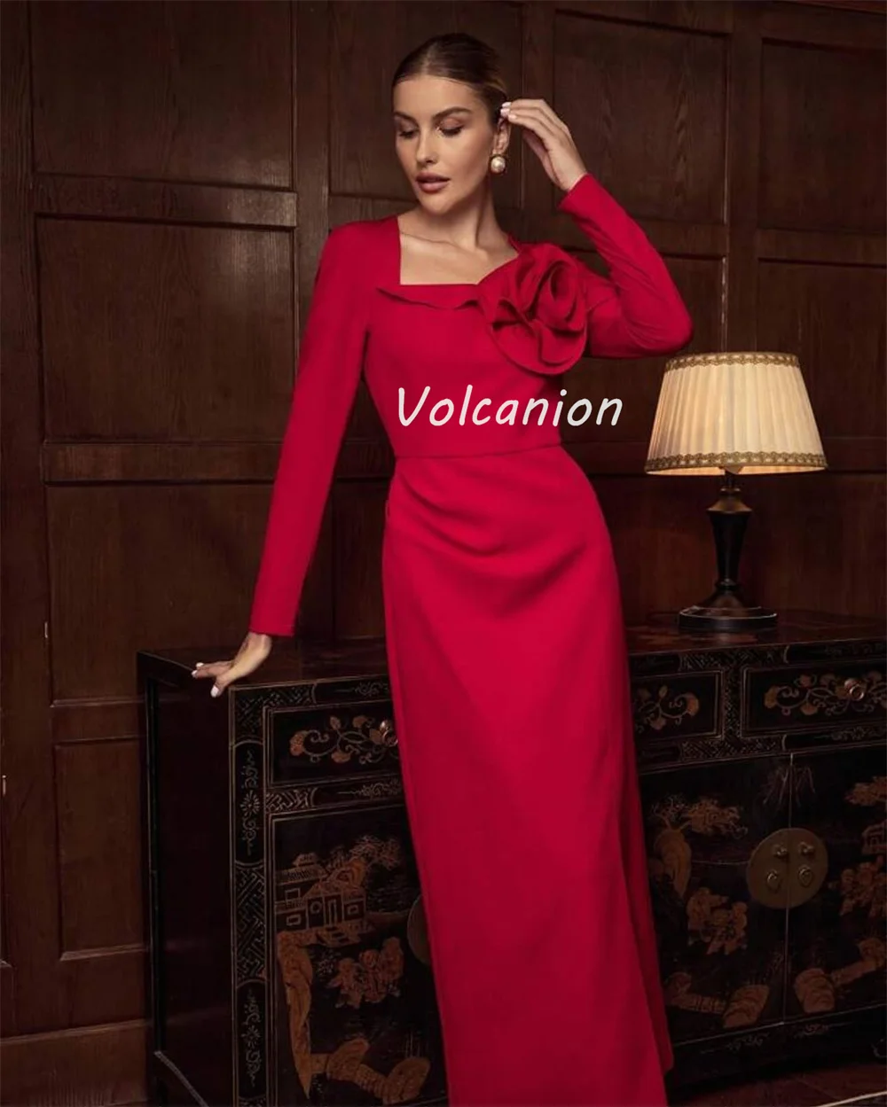 Personalizado estilo moderno elegante jérsei artesanal flor plissado em linha reta pescoço quadrado tornozelo comprimento vestidos sob medida vestidos de ocasião