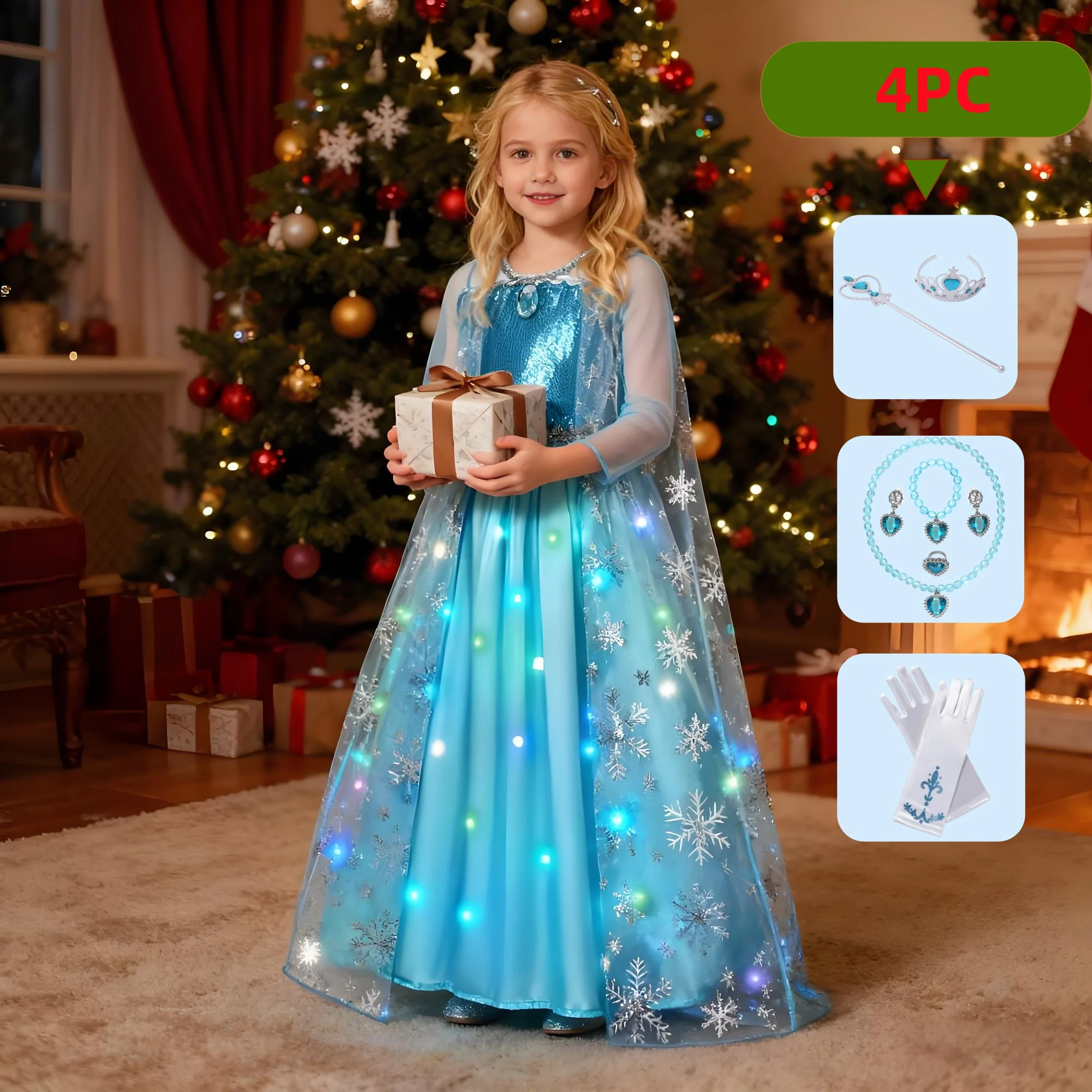 

﻿ 2025 красочные светодиодные светящиеся платья принцессы для девочек, карнавальный костюм, платье, рождественское карнавальное праздничное платье, комплекты коронационного платья