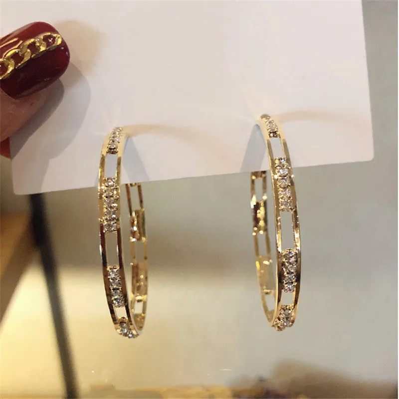 FYUAN Golden Round Crystal Hoop Earrings for Women Bijoux Geometric Rhinestones Earrings Statement Jewelry Party Gifts