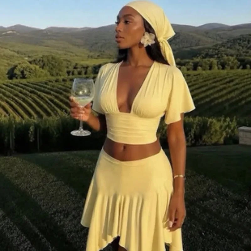 Summer Casual V Neck Crop Top Short Sleeve T-Shirts Women Y2K Single Button Tee Shirt Beach Vacation Female Cropped Tops