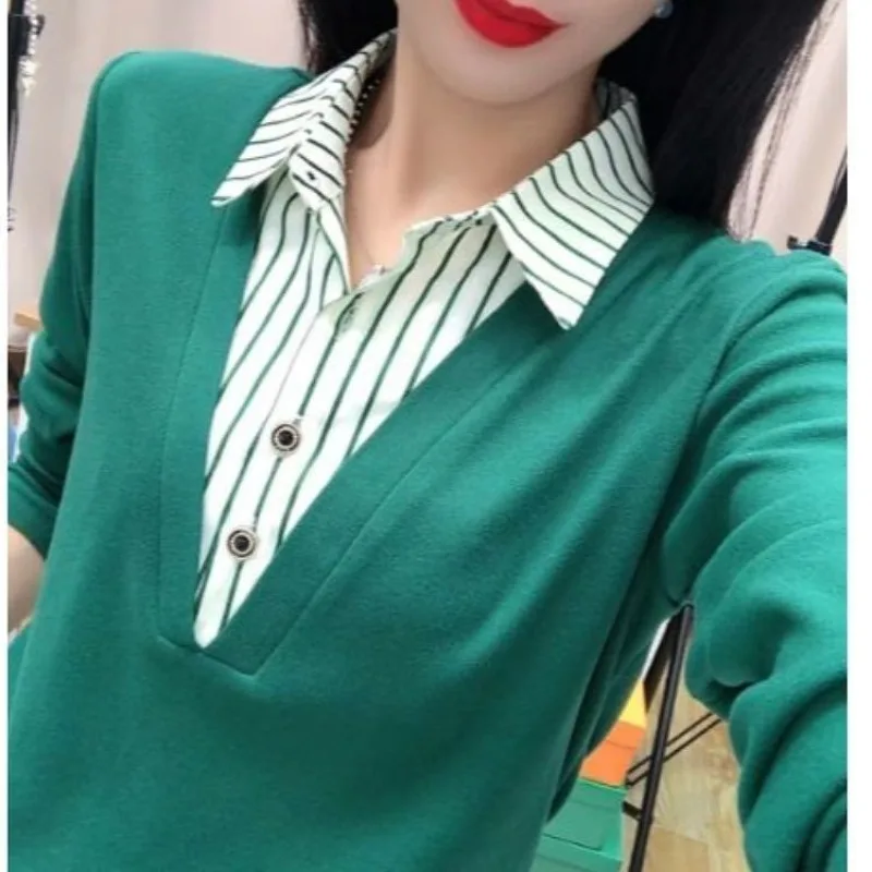 Autumn Winter Women's Pullover Turn-down Collar Striped Button Solid Color Patchwork Lantern Long Sleeved T-shirt Casual Tops