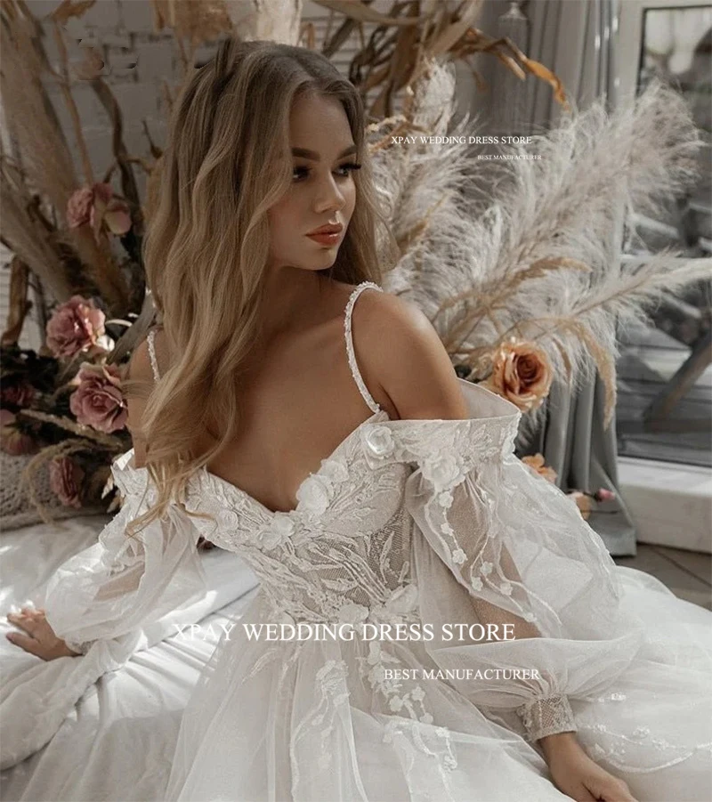 Xpay Elegante Kanten Applique Boho A Lijn Trouwjurken Glitter Tule Lange Pofmouwen Bloemen Bruid Jurk 2023 Vestidos De Novia