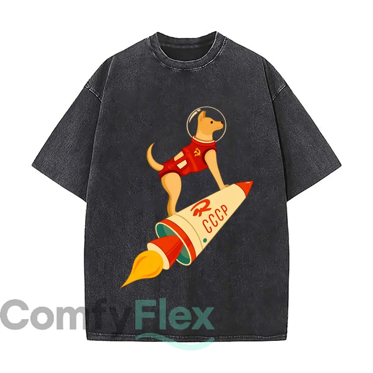 CCCP Soviet Space Dog Rocket Hammer Sickle Graphic Washed Short Sleeve Loose Streetwear Tee Hip Hop