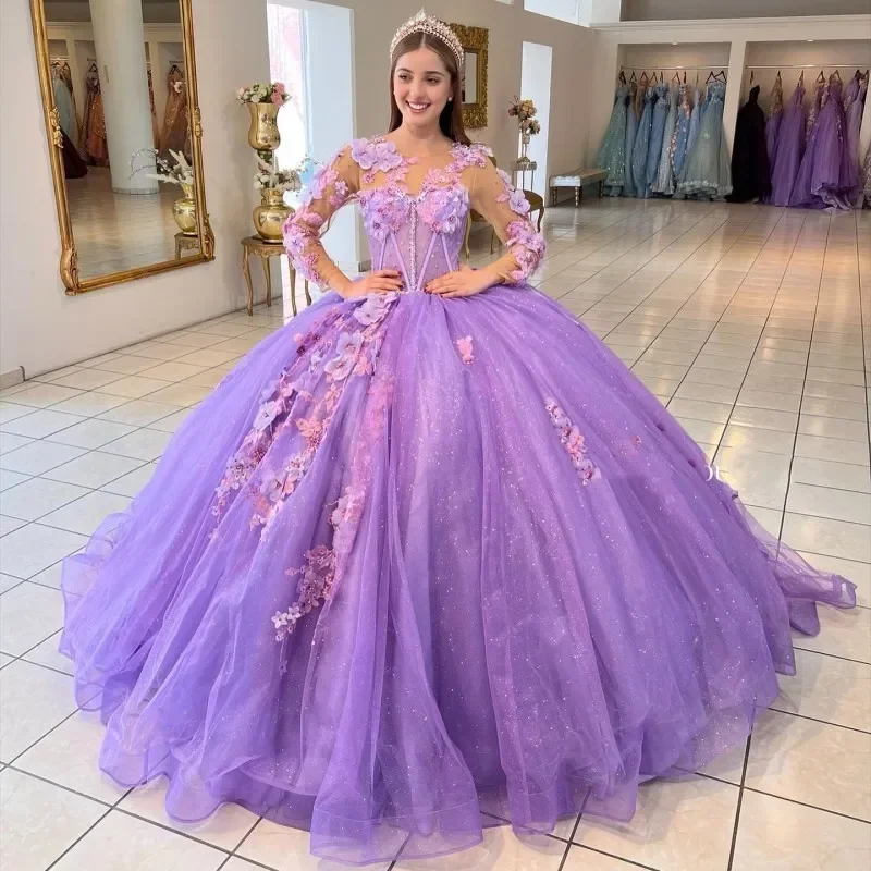 Eleganti abiti Quinceanera color lavanda maniche lunghe trasparenti che bordano applicazioni 3D abito da ballo in pizzo principessa abiti da festa da 15 anni
