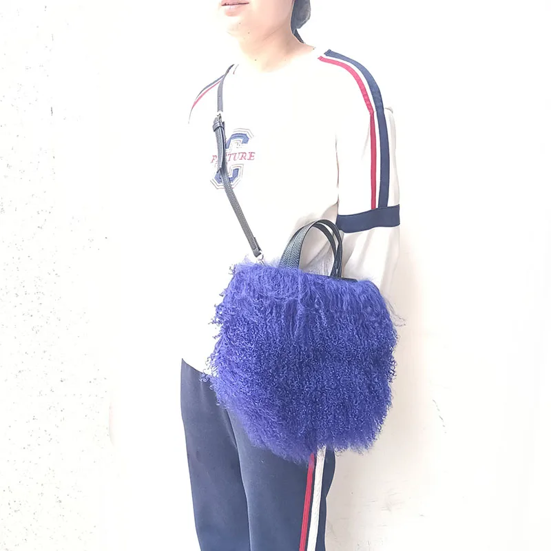 2023 Women Real Mongolia Lamb Fur Bag Natural Sheep Fur Handbag With Long Belt Real Lamb Fur Handle Bag