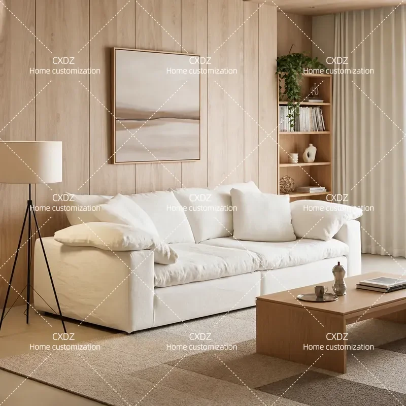 Green Bamboo Neighborhood/Cloud Cloud Sofa Linen Fabric Wabi Sabi Wind White Combination Tofu Block Straight Row Three-person