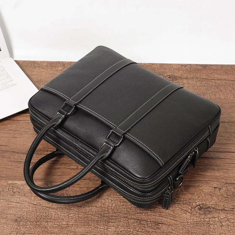 Bolsa de couro genuíno de zíper duplo para homens Male Business Travel Laptop Shoulder Bag, pasta de escritório, Totes para papel A4