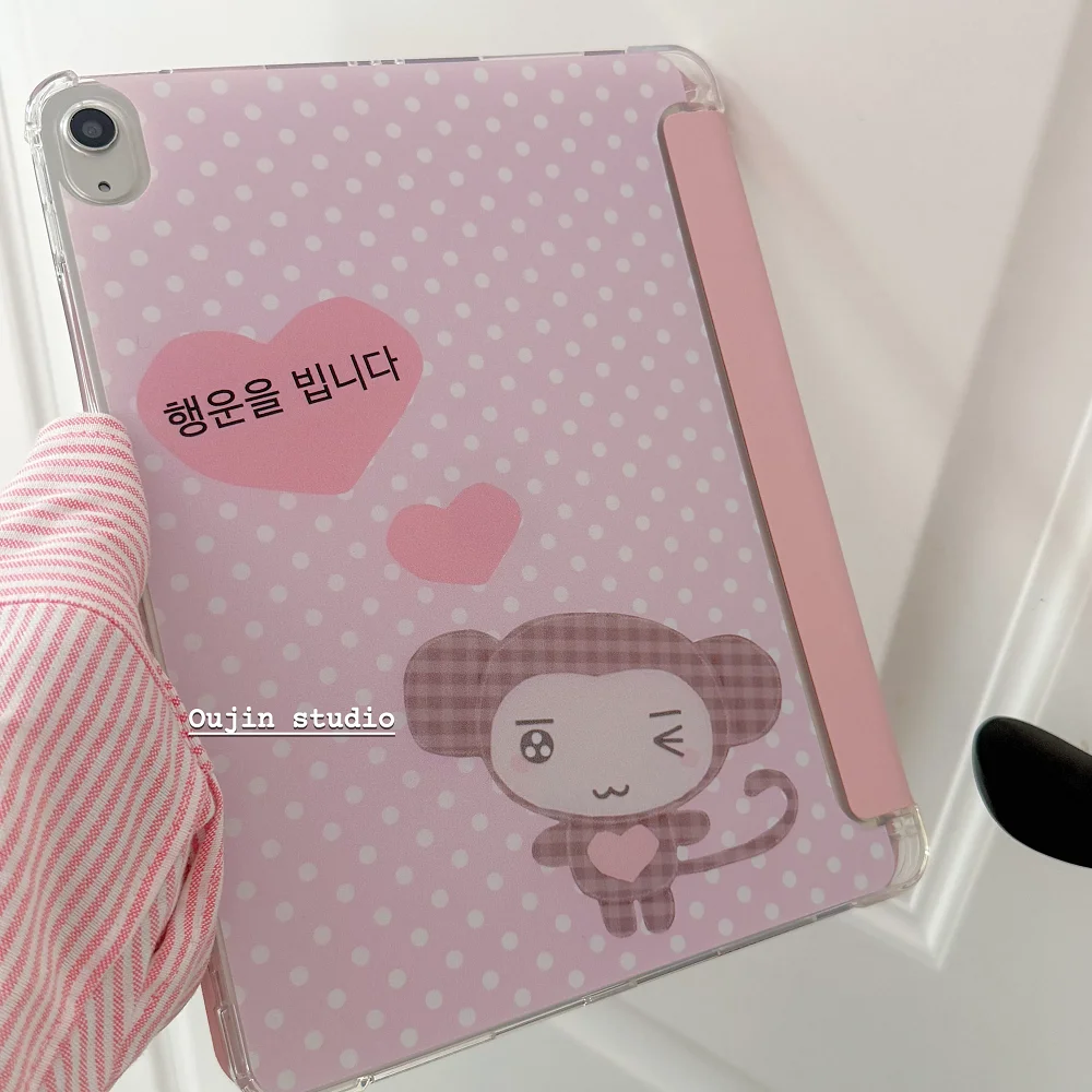 Korea Pink Monkey Polka Dots Cover For iPad 10th 11th 7/8/9 10.2'' Start Case For Air 4 5 6 7 11 For Air 2 9.7 Pro 11 Mini 6 7