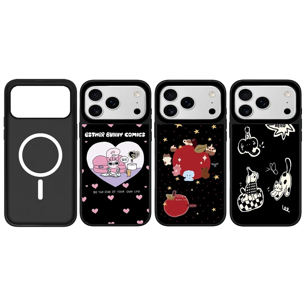 

Cartoon Bunny Mirror Surface Black Border Magnetic Phone Case Cover for IPhone 12 13 14 15 16 17 Pro Max Case