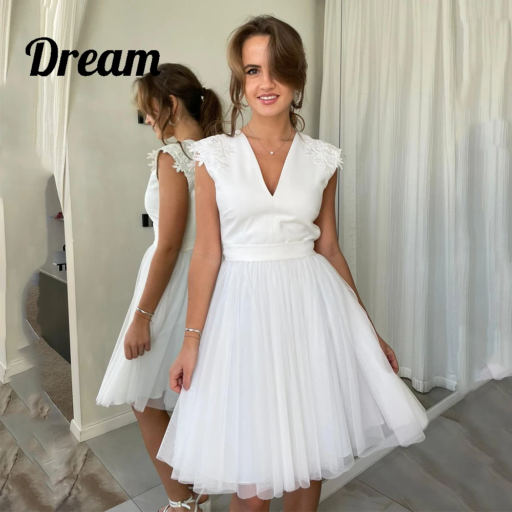 DREAM Customized Simple V-Neck Spandex White Wedding Dresses Sleeveless Lace Mini Tulle A-Line Bridal Gowns Robe De Mariee 2024