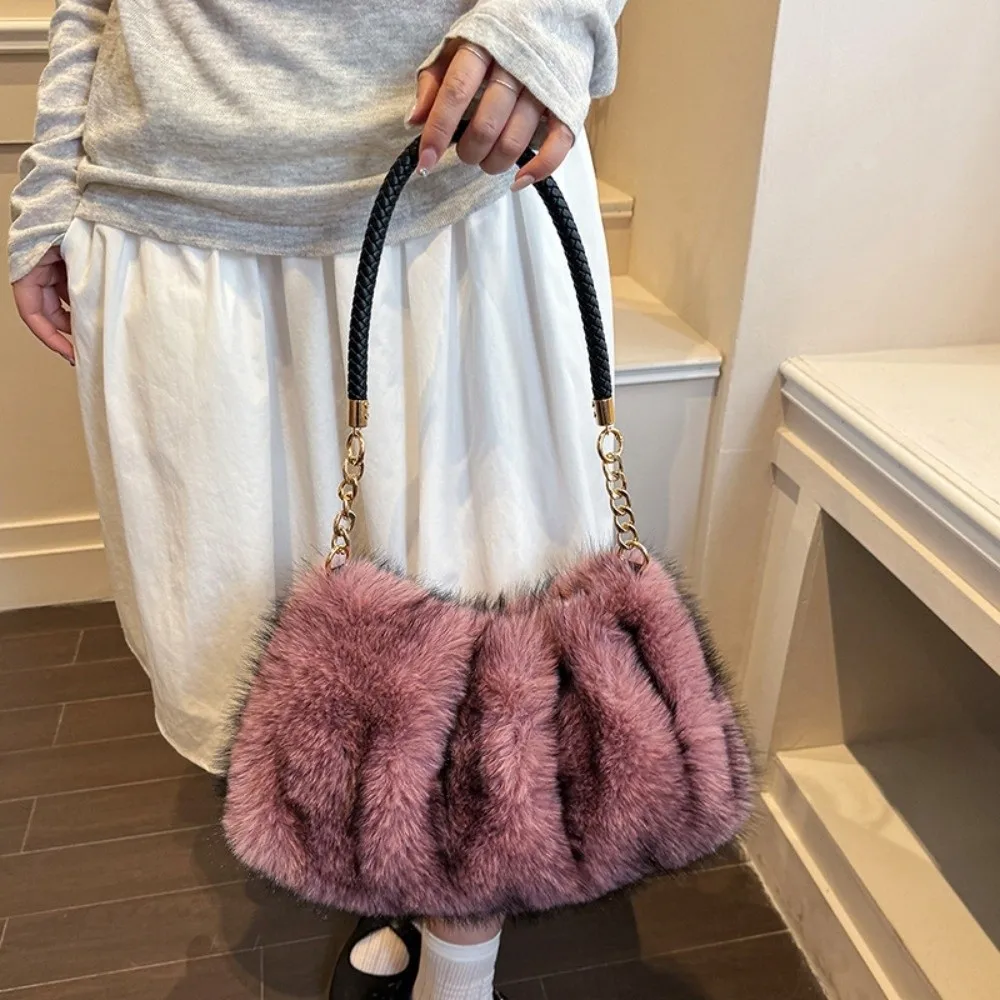 Large Capacity Fluffy Shoulder Bag Soft Texture Luxury Style Plush Handbag. Ruched Lightweight Furry Tote Dating