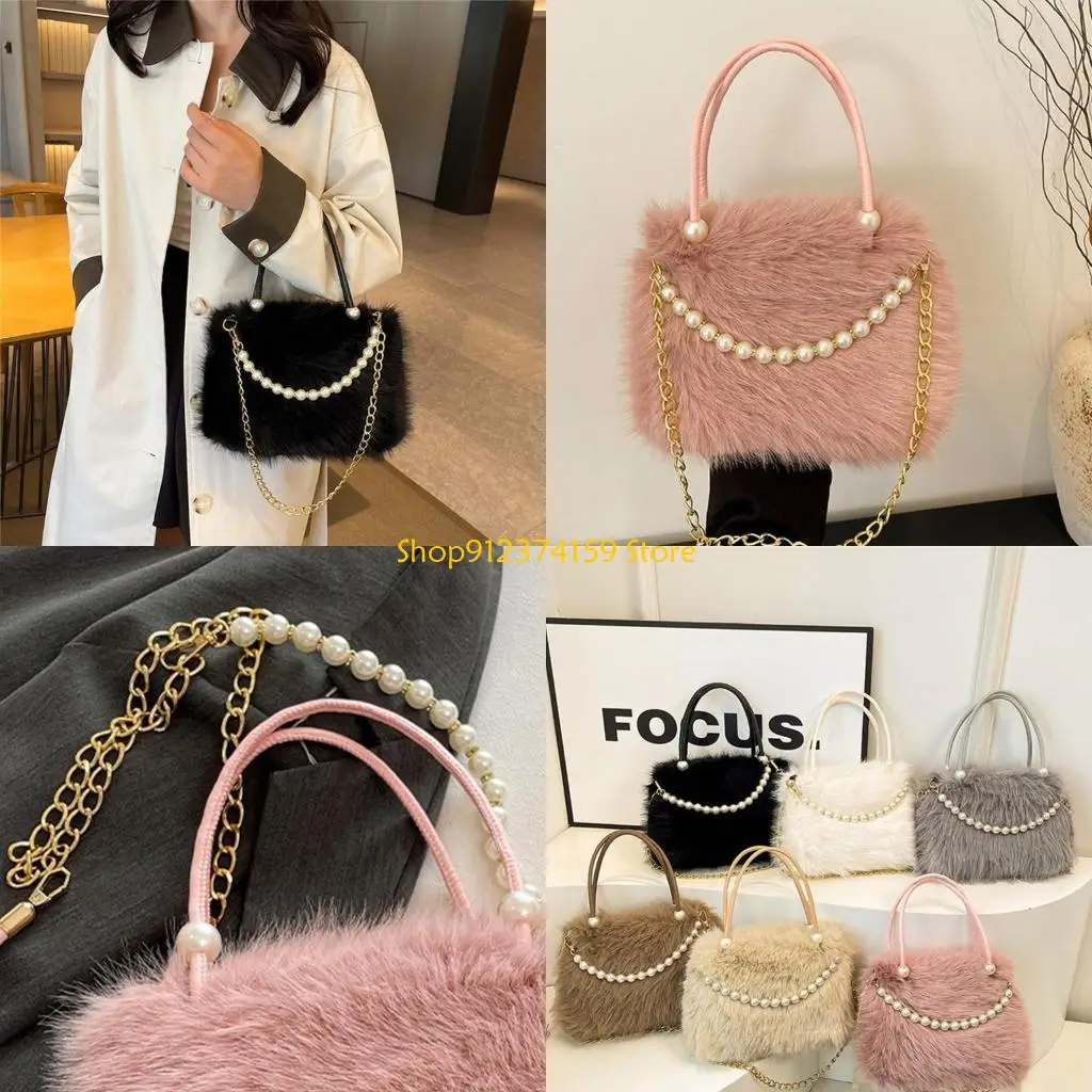 

G5AE Modern Pearls Adorned Furry Crossbody Bag Soft And Large Capacity Shoulder Bags For Party Wedding Fashion Statements