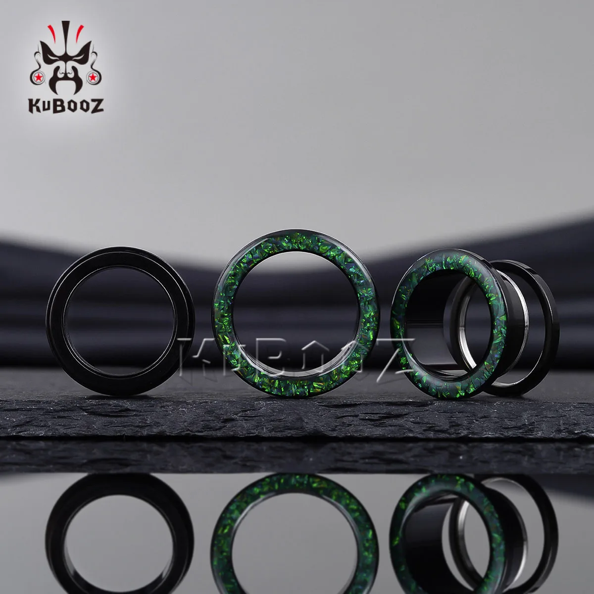 KUBOOZ 2PCS Fashion Stainless Steel Green Gravel Stone  Ear Epxander Stretchers Ear Plugs Tunnels  Body Piercing Jewelry Earring