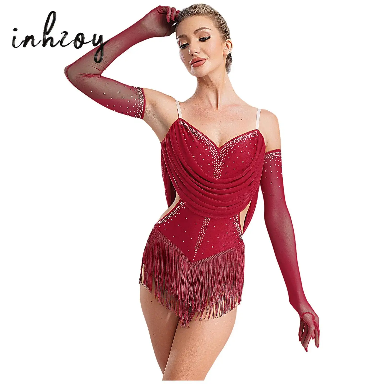 

Women Latin Dance Outfits Rhinestone Tassel Leotard Dress Figure Skating Cha-cha Samba Tango Bodysuit with Gloves Dance Wear