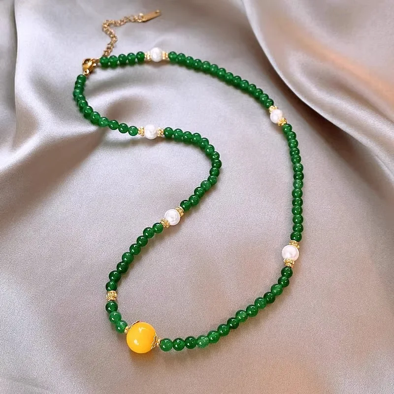 Honey Wax Pearl Necklace, Green Chalcedony Collarbone Chain