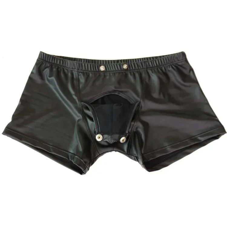 Sexy Men's Boxer Shorts Youth Open Crotch Faux Leather Lingerie Stage Performance U Convex Pouch Black Trunks Gays Fun Underwear
