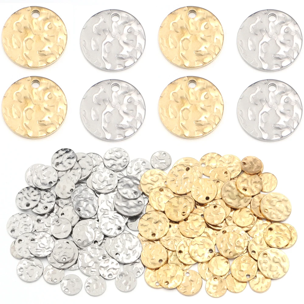 Aço Inoxidável Rodada Pingente de Alívio para DIY Fazer Jóias, Suprimentos Encantos, Cor do Ouro, Brinco e Colar, 8mm, 10mm, 12mm, 10 Pçs/lote