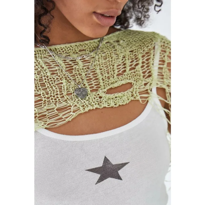 Y2K Aesthetic Chic Green Knit T-shirt Cover-up Long Sleeve O-neck Hollow Out Crochet Crop Top Women Ripped Summer Streetwear