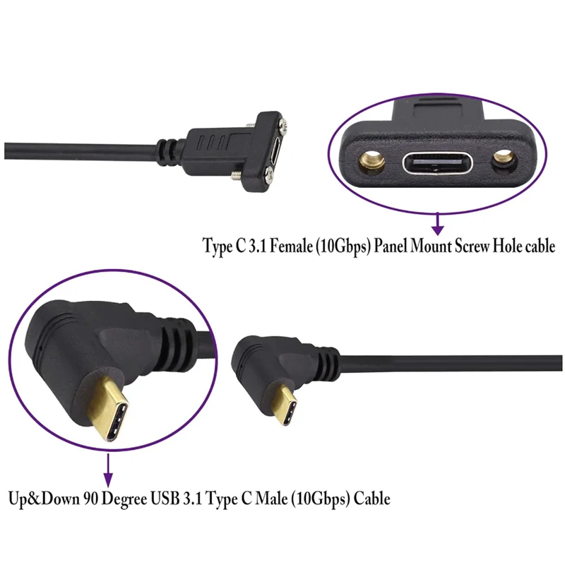 Up&Down Left Right Angle 3.1Type C Gen 2 Cable (3A) 90 Degree USB 3.1 Type C Male to Female Panel Mount Screw Cable,