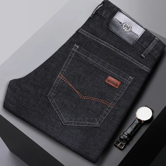 2024 nowych modnych męskich w stylu Casual, czarny niebieskich bawełnianych jeansów w klasycznym stylu męskie spodnie jeansowe Plus rozmiar rozciągliwe dopasowanie spodnie