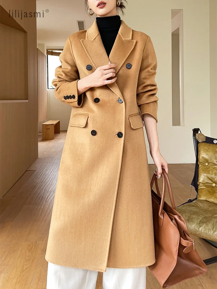 

2024 New Wool Coat Women 100% Wool Peak Lapel Overcoat Double-Breasted Autumn Winter Long Jacket Trench Coat Ladies trf za #26