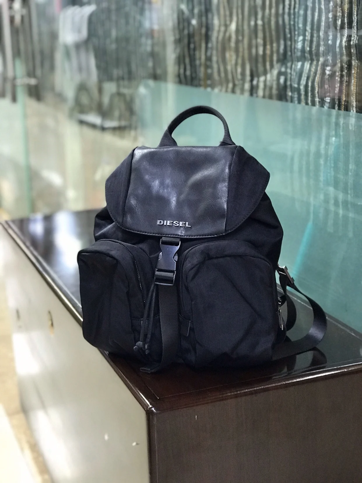 Factory Tail Goods D Race New Nylon with Leather Women Travel Multi-Pocket Drawstring Simple Pure Black Small Size Backpack