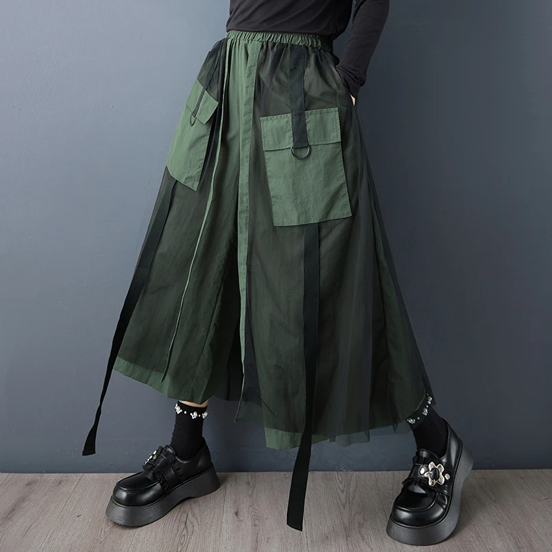 Patchwork Mesh Green Vintage High Waist Wide Leg Pants Women New Spring Autumn Casual Loose Trousers Fashion Streetwear 2026