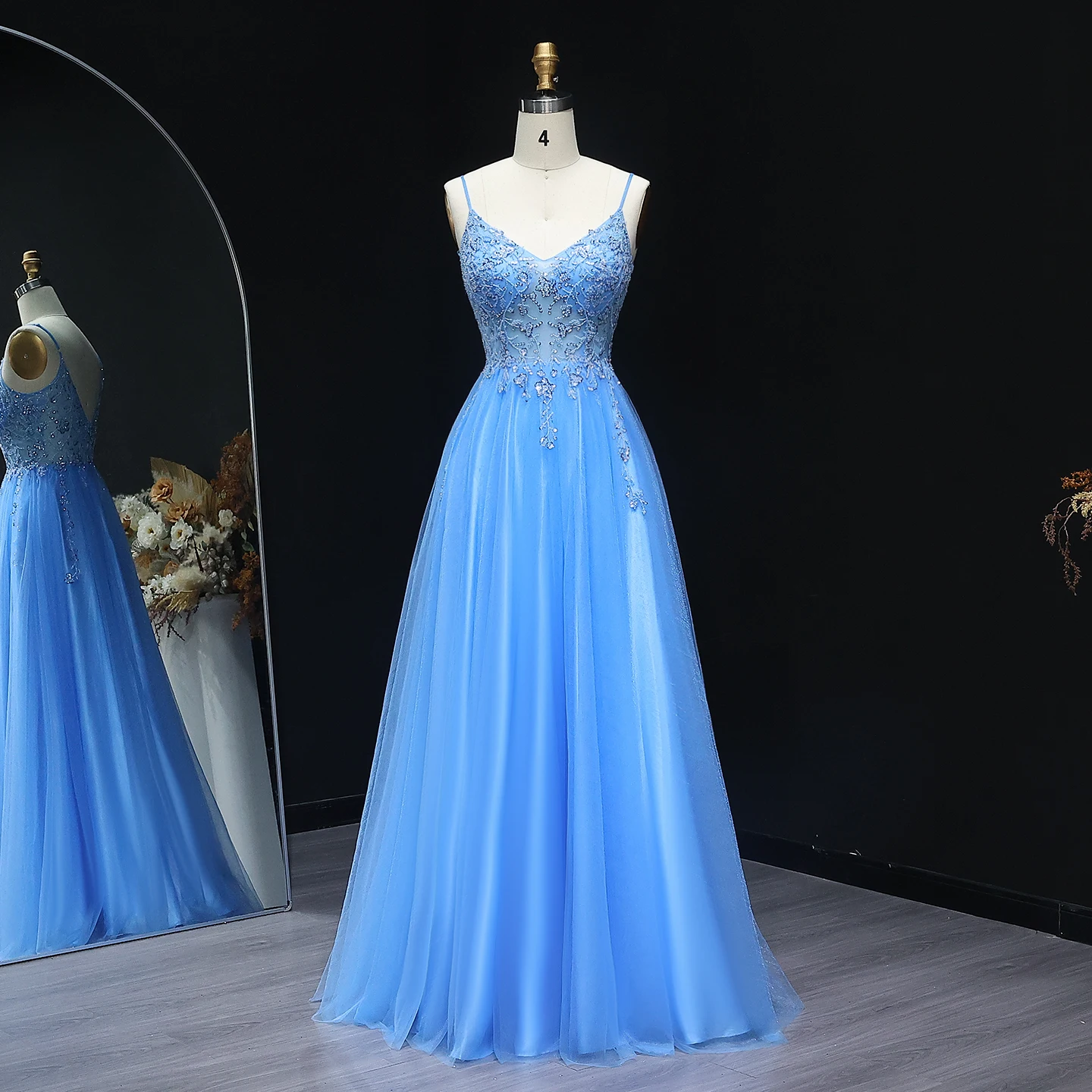 

Sharon Said Blue Tulle Sheer Prom Dresses Long with Beading A-Line Sweetheart Evening Graduation Party Gowns SH228 Customized